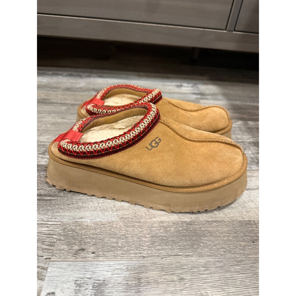UGG Tazz Platform Slipper Chestnut Suede Red Braid Womens 8